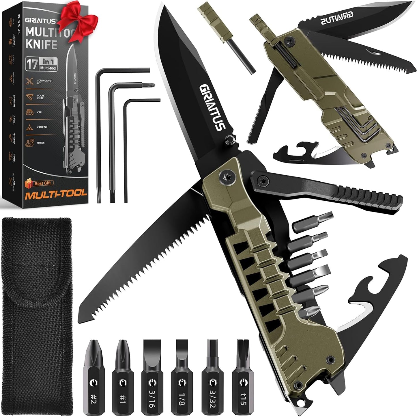 Multitool Knife 17 in 1Fire Starting Sticks. Bottle Opener. Saw Screwdrivers Bottle Opener. Whistle. Window Breaker and More -Perfect for Camping. Outdoor. Survival and Everyday Use.Gifts for Men Dad