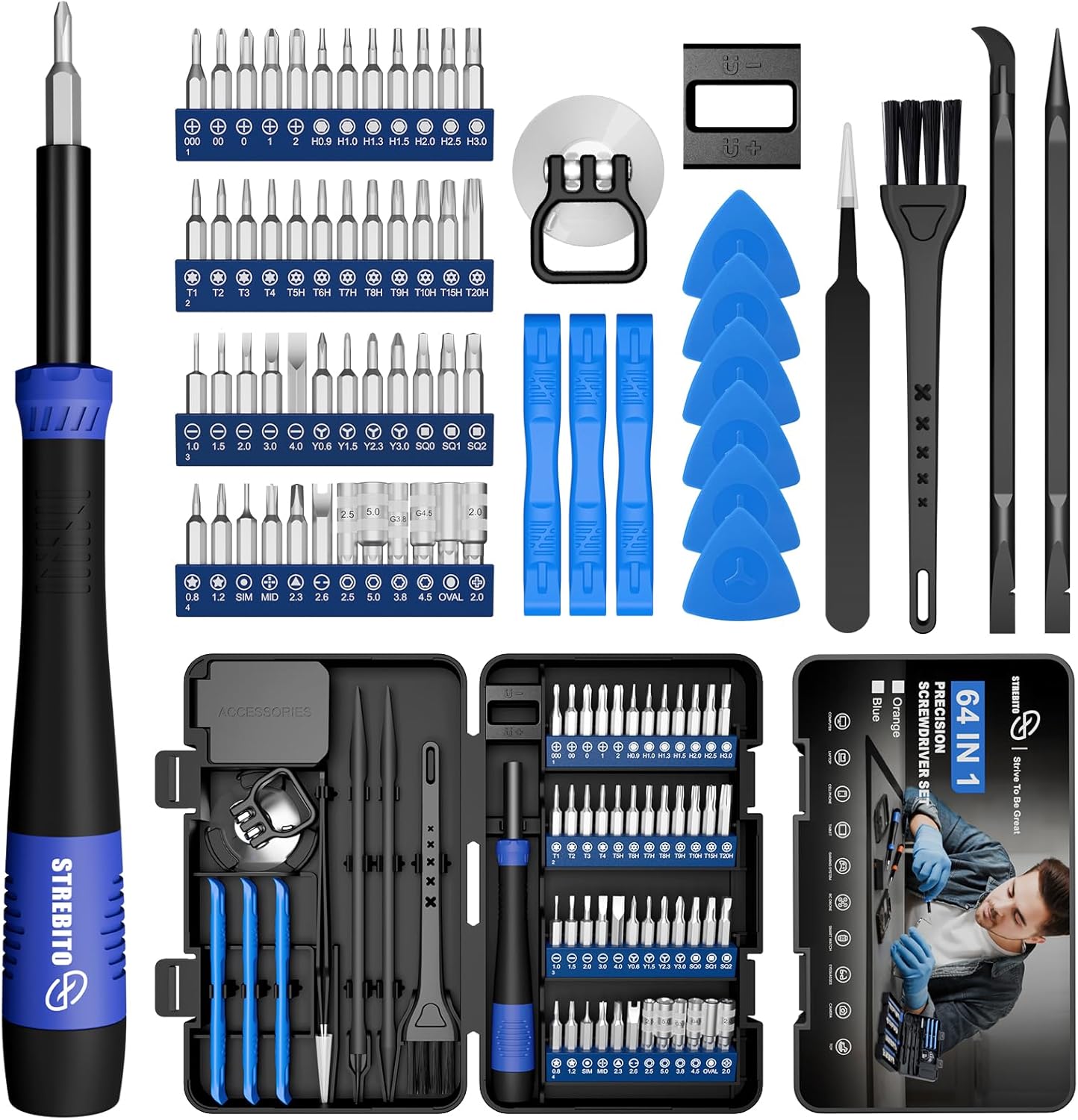 STREBITO Small Precision Screwdriver Set 64-piece with Torx. Triwing. Pentalobe. Electronics Repair Tool Kit for Computer. PC. Laptop. Macbook. Tablet. Phone. PS5. XBOX. Switch. Glass. Ring Doorbell