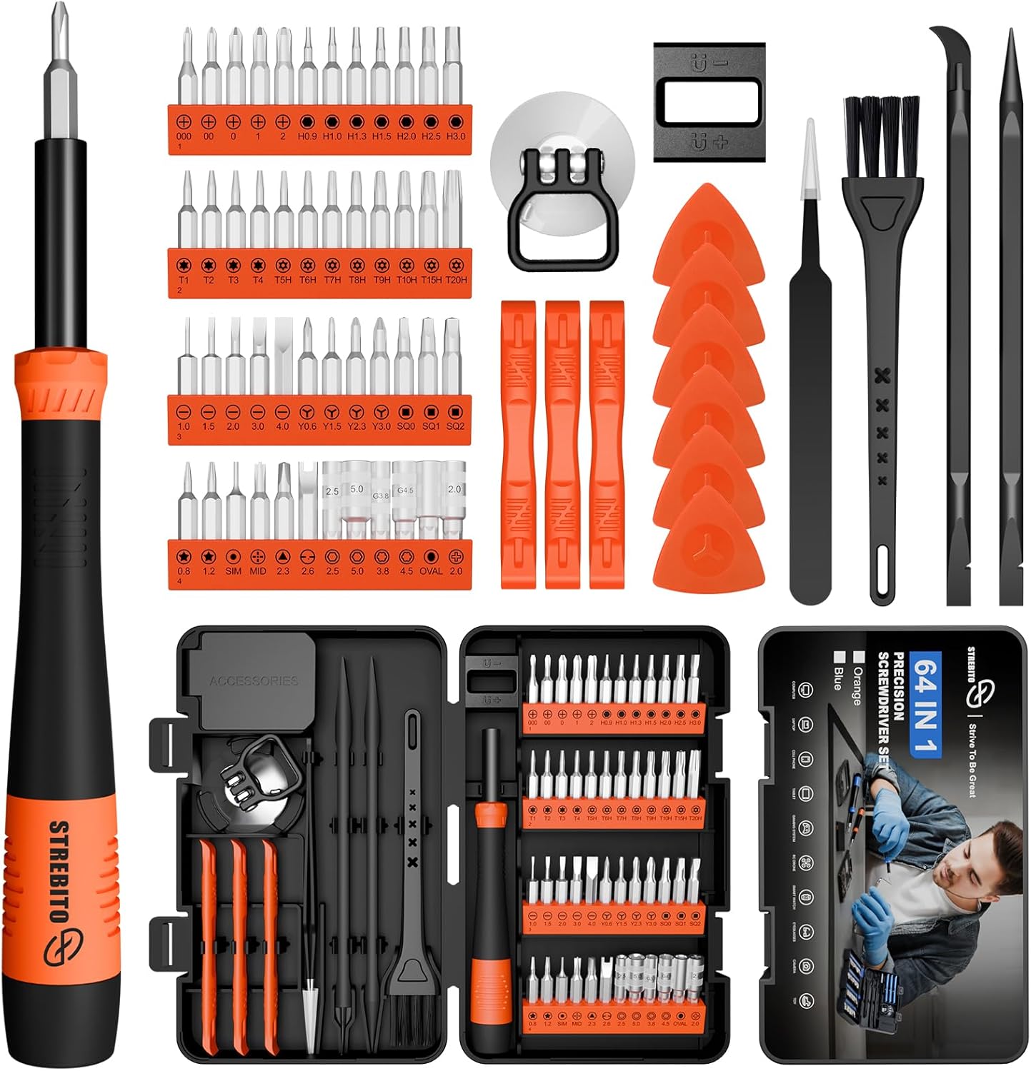 STREBITO Small Precision Screwdriver Set 64-piece with Torx. Triwing. Pentalobe. Electronics Repair Tool Kit for Computer. PC. Laptop. Macbook. Tablet. Phone. PS5. XBOX. Switch. Glass. Ring Doorbell