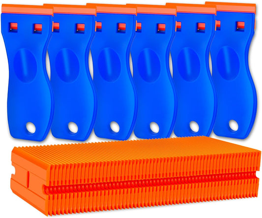Plastic Razor Blade Scraper Tool. 6 Pcs Razor Scraper with 60 Pcs Plastic Blades. Cleaning Scraper Remover for Removal Floor Stove Scraping Labels and Decals Sticker on Car Window Glass