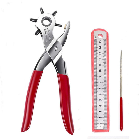 Adorox Heavy Duty Belt Hole Puncher for Leather ¨C 6 Size Revolving Leather Hole Punch Tool with Ruler & Deburring File. Perfect for Belts. Straps. DIY Leathercraft. and Repair