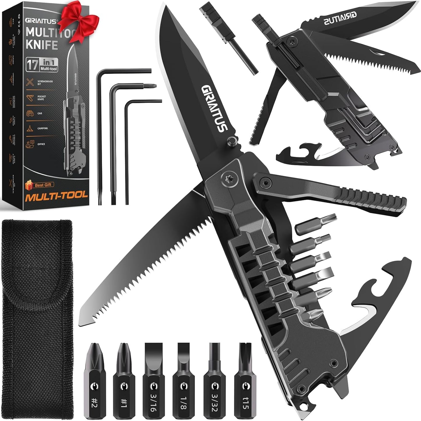 Multitool Knife 17 in 1Fire Starting Sticks. Bottle Opener. Saw Screwdrivers Bottle Opener. Whistle. Window Breaker and More -Perfect for Camping. Outdoor. Survival and Everyday Use.Gifts for Men Dad