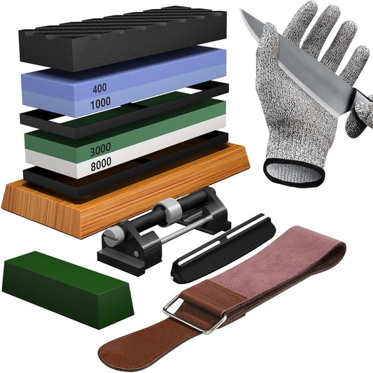 Knife Sharpening Stone Set - Premium 4 Side Grit 400/1000 3000/8000 Whetstone Sharpener Kit - Non-Slip Bamboo Base.Cut Resistant Gloves. Angle Guide.Flatting Stone.Honing Guide.Leather Strop