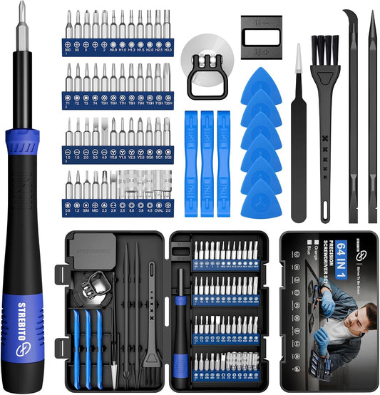 STREBITO Small Precision Screwdriver Set 64-piece with Torx. Triwing. Pentalobe. Electronics Repair Tool Kit for Computer. PC. Laptop. Macbook. Tablet. Phone. PS5. XBOX. Switch. Glass. Ring Doorbell